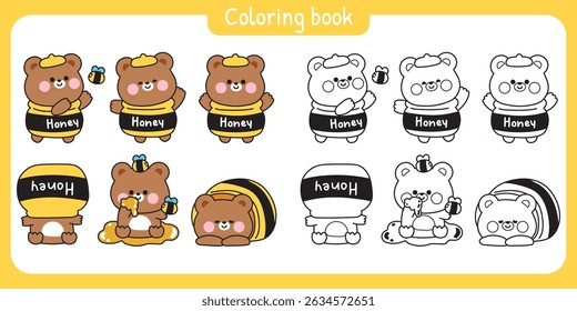 Coloring pages.Set of cute teddy bear in various poses and feeling.Honey and bee.Wild animal character cartoon design.Painting book.Kawaii.Vector.Illustration