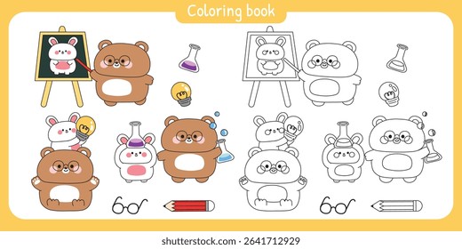 Coloring pages.Set of cute teddy bear and rabbit in back to school concept.Student and teacher.Art,idea,test tube,science.Study learn.Wild and rodent animal character cartoon.Kawaii.Painting book.