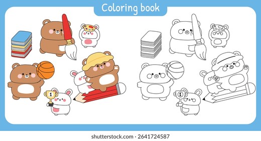 Coloring pages.Set of cute teddy bear and rabbit in back to school concept.Student and teacher.Basketball,brush,pencil,trophy.Study learn.Wild and rodent animal character cartoon.Kawaii.
