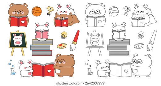 Coloring pages.Set of cute teddy bear and rabbit in back to school concept.Student and teacher.Brush,basketball,science experiment bottle,pencil,trophy.Study learn.Animal character cartoon.Painting