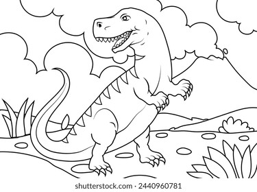 Coloring Pages Cute Tyrannosaurus Dinosaur of meadows, trees, mountains and clouds. Printable Coloring book Outline black and white.