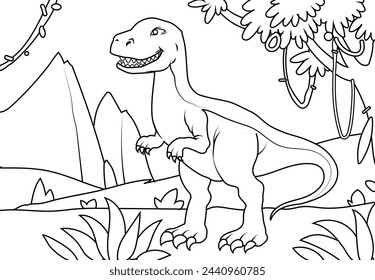 Coloring Pages Cute Tyrannosaurus Dinosaur of meadows, trees, mountains and clouds. Printable Coloring book Outline black and white.