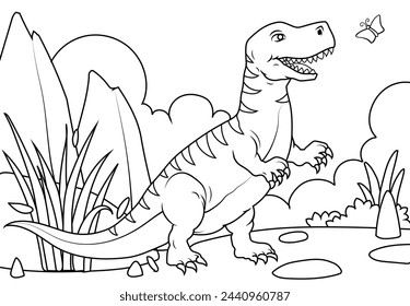 Coloring Pages Cute Tyrannosaurus Dinosaur of meadows, trees, mountains and clouds. Printable Coloring book Outline black and white.