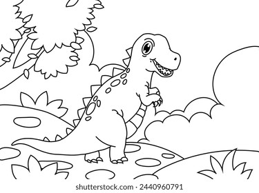 Coloring Pages Cute Tyrannosaurus Dinosaur playing guitar. Printable Coloring book Outline black and white.