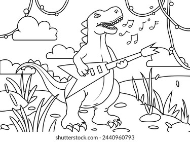 Dibujos para colorear Lindo Tiranosaurio Dinosaurio tocando guitarra. Libro de colorear para imprimir Contorno en blanco y negro.