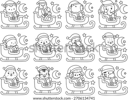Coloring pages of cute wild animals and pet with christmas theme. Outline of animals riding a train