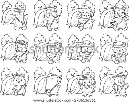 Coloring pages of cute wild animals and pet. Outline of animals in the camping