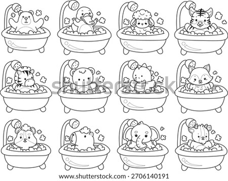 Coloring pages of cute wild animals and pet. Outline of animals take a bath