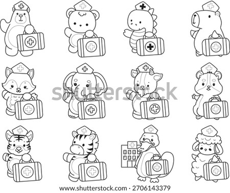 Coloring pages of cute wild animals and pet. Outline of animals bring a first aid kit
