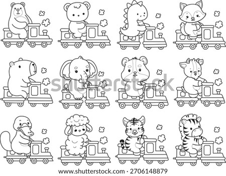 Coloring pages of cute wild animals and pet. Outline of animals riding a train