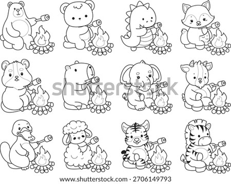 Coloring pages of cute wild animals and pet. Outline of animals roasting a marshmallow