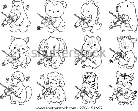 Coloring pages of cute wild animals and pet. Outline of animals playing a violin
