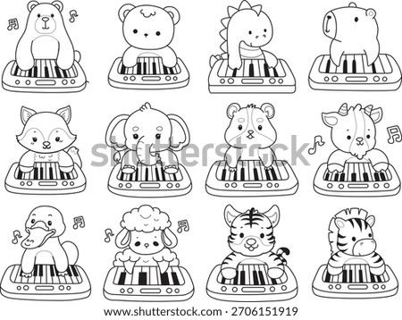 Coloring pages of cute wild animals and pet. Outline of animals playing a piano