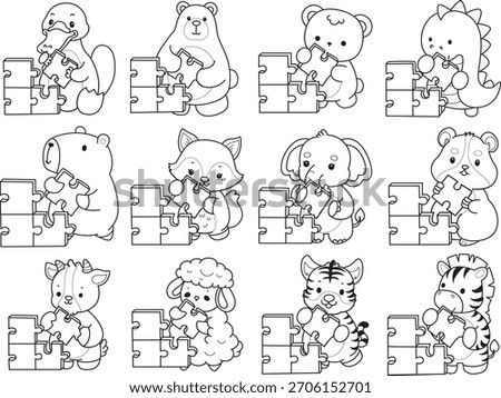 Coloring pages of cute wild animals and pet. Outline of animals playing a puzzle