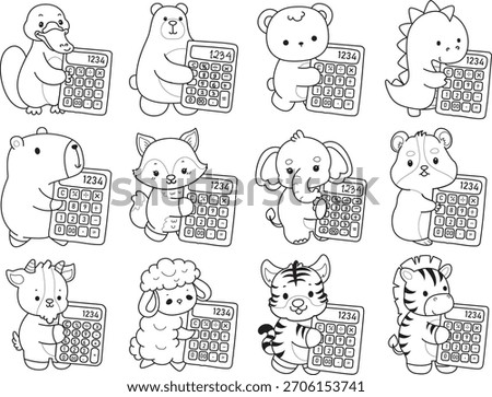Coloring pages of cute wild animals and pet. Outline of animals bring a calculator 