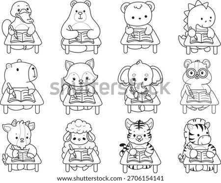 Coloring pages of cute wild animals and pet. Outline of animals writing in the table