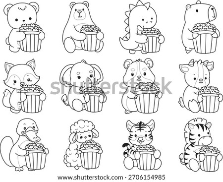 Coloring pages of cute wild animals and pet. Outline of animals bring a popcorn