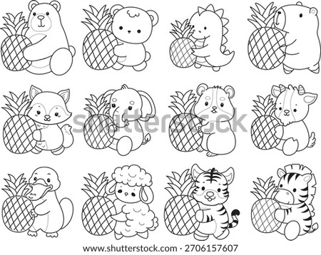 Coloring pages of cute wild animals and pet. Outline of animals bring a pineapple