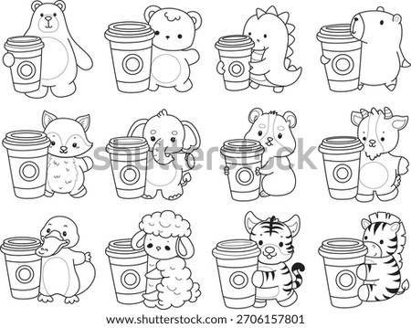 Coloring pages of cute wild animals and pet. Outline of animals bring a cup of coffee