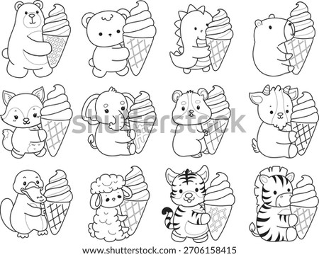 Coloring pages of cute wild animals and pet. Outline of animals bring a strawberry ice cream