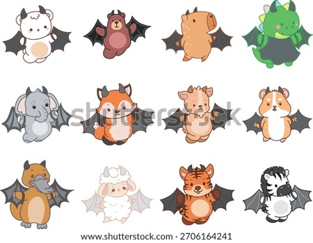 Coloring pages of cute wild animals and pet with halloween theme. Outline of animals wearing a bat costume 