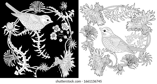 Coloring Pages. Cute wreath with bird, dandelions, cherry flowers, vector illustration in vintage style. Romantic design.