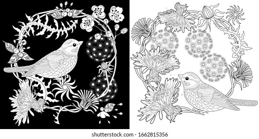 Coloring Pages. Cute wreath with bird, dandelions, cherry flowers, vector illustration in vintage style. Romantic design.