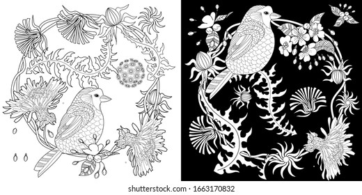 Coloring Pages. Cute wreath with bird, dandelions, cherry flowers, vector illustration in vintage style. Romantic design.