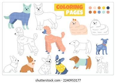 Coloring pages with dogs in cute outfits. Lovely lapdog, corgi, terriers, dachshund. Colorful funny animals in different fashion clothes isolated. Activity page with pets. 7 funny dogs and palette.