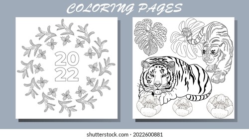 Coloring Pages. Doodle style new year coloring book. Happy new year 2022. Year of the tiger.  Antistress freehand sketch drawing with doodle and zentangle elements.