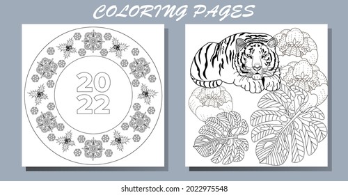 Coloring Pages. Doodle style new year coloring book. Happy new year 2022. Year of the tiger.  Antistress freehand sketch drawing with doodle and zentangle elements.