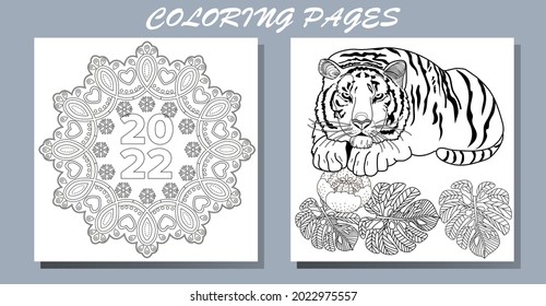 Coloring Pages. Doodle style new year coloring book. Happy new year 2022. Year of the tiger.  Antistress freehand sketch drawing with doodle and zentangle elements.