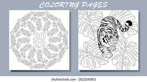 Coloring Pages. Doodle style new year coloring book. Happy new year 2022. Year of the tiger.  Antistress freehand sketch drawing with doodle and zentangle elements.