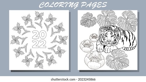 Coloring Pages. Doodle style new year coloring book. Happy new year 2022. Year of the tiger.  Antistress freehand sketch drawing with doodle and zentangle elements.