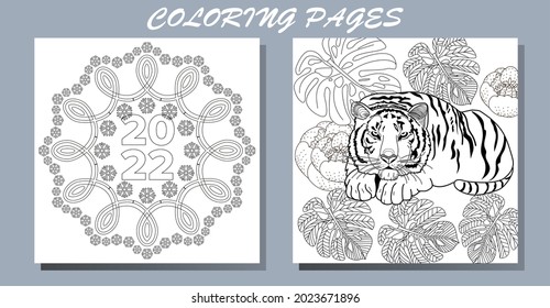 Coloring Pages. Doodle style new year coloring book. Happy new year 2022. Year of the tiger.  Antistress freehand sketch drawing with doodle and zentangle elements.