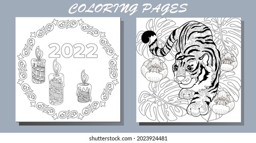 Coloring Pages. Doodle style new year coloring book. Happy new year 2022. Year of the tiger.  Antistress freehand sketch drawing with doodle and zentangle elements.