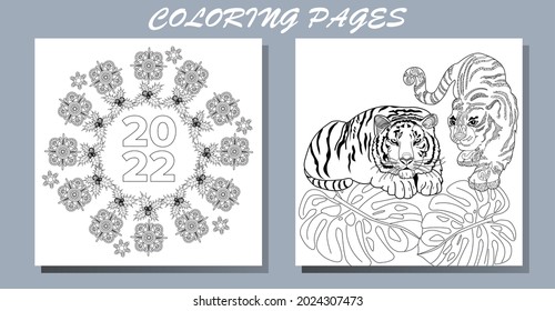 Coloring Pages. Doodle style new year coloring book. Happy new year 2022. Year of the tiger.  Antistress freehand sketch drawing with doodle and zentangle elements.