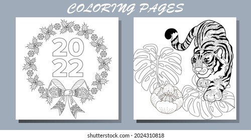 Coloring Pages. Doodle style new year coloring book. Happy new year 2022. Year of the tiger.  Antistress freehand sketch drawing with doodle and zentangle elements.