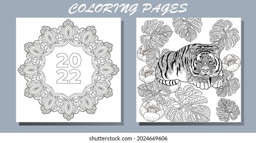 Coloring Pages. Doodle style new year coloring book. Happy new year 2022. Year of the tiger.  Antistress freehand sketch drawing with doodle and zentangle elements.