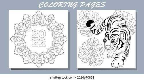 Coloring Pages. Doodle style new year coloring book. Happy new year 2022. Year of the tiger.  Antistress freehand sketch drawing with doodle and zentangle elements.