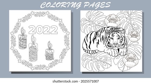 Coloring Pages. Doodle style new year coloring book. Happy new year 2022. Year of the tiger.  Antistress freehand sketch drawing with doodle and zentangle elements.