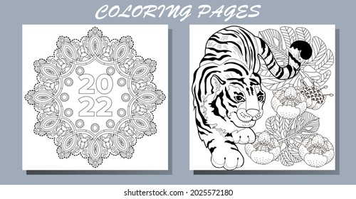 Coloring Pages. Doodle style new year coloring book. Happy new year 2022. Year of the tiger.  Antistress freehand sketch drawing with doodle and zentangle elements.