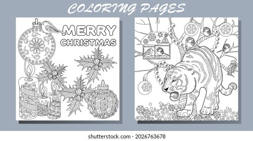 Coloring Pages. Doodle style new year coloring book. Happy new year 2022. Year of the tiger.  Antistress freehand sketch drawing with doodle and zentangle elements.