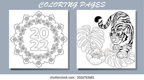 Coloring Pages. Doodle style new year coloring book. Happy new year 2022. Year of the tiger.  Antistress freehand sketch drawing with doodle and zentangle elements.