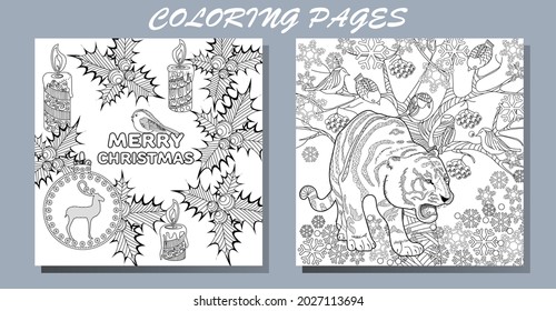 Coloring Pages. Doodle style new year coloring book. Happy new year 2022. Year of the tiger.  Antistress freehand sketch drawing with doodle and zentangle elements.