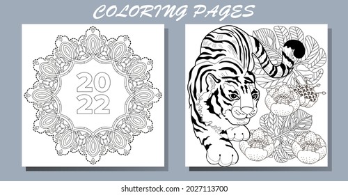 Coloring Pages. Doodle style new year coloring book. Happy new year 2022. Year of the tiger.  Antistress freehand sketch drawing with doodle and zentangle elements.