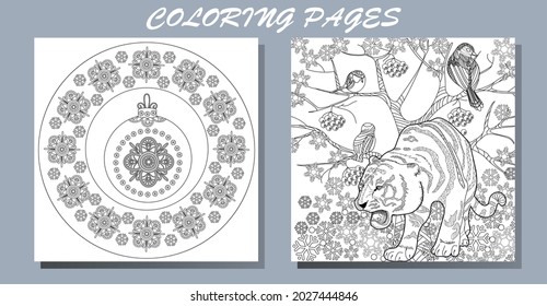 Coloring Pages. Doodle style new year coloring book. Happy new year 2022. Year of the tiger.  Antistress freehand sketch drawing with doodle and zentangle elements.