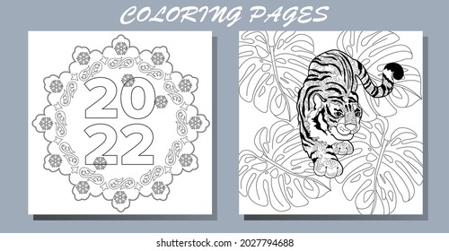 Coloring Pages. Doodle style new year coloring book. Happy new year 2022. Year of the tiger.  Antistress freehand sketch drawing with doodle and zentangle elements.