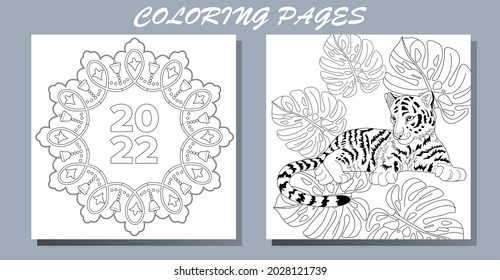 Coloring Pages. Doodle style new year coloring book. Happy new year 2022. Year of the tiger.  Antistress freehand sketch drawing with doodle and zentangle elements.