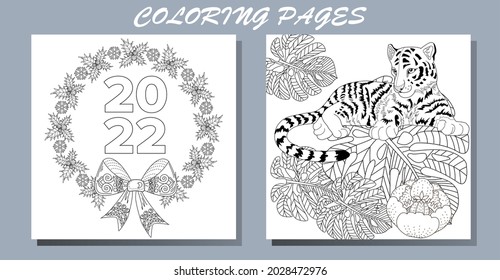 Coloring Pages. Doodle style new year coloring book. Happy new year 2022. Year of the tiger.  Antistress freehand sketch drawing with doodle and zentangle elements.